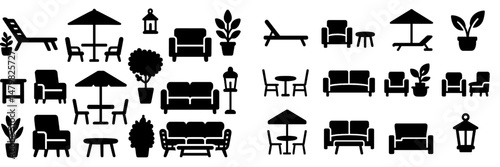 Variety of web icons showcasing outdoor and indoor furniture, plants, and decor elements for design projects