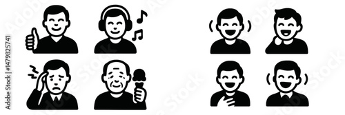 Collection of web icons depicting various emotions and activities including happiness and music enjoyment