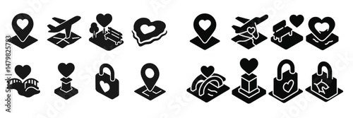 Set of black web icons featuring various heart-themed designs for applications and services