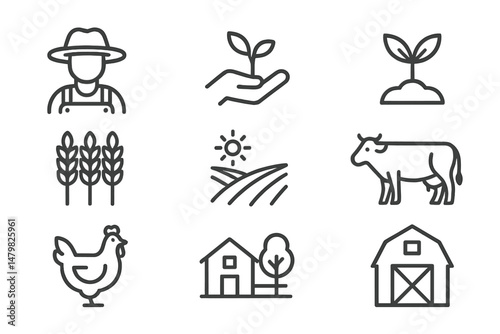 Collection of web icons featuring agricultural themes, including plants, animals, and farm elements for digital design use