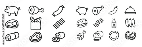 Collection of web icons featuring various types of meat products and related items in simple line art style