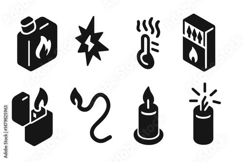 Collection of minimalistic web icons depicting fire, heat, and lighting elements for digital design use
