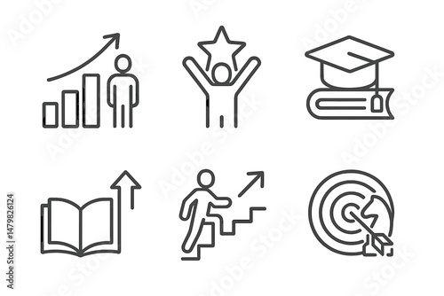 Set of web icons representing growth, achievement, education, and goal setting in a minimalistic design suitable for digital platforms