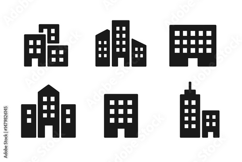 Collection of web icons representing various building designs and structures in a minimalistic style