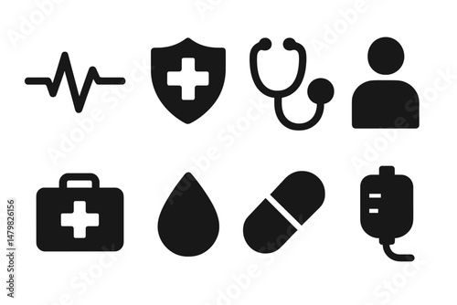 Set of minimalist web icons representing health and medical concepts for digital applications
