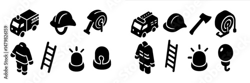 Set of web icons representing emergency services and firefighting equipment featuring various tools and personnel