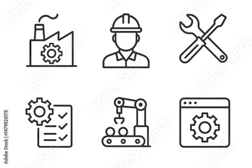 Collection of web icons representing industry, engineering, and technology for digital projects