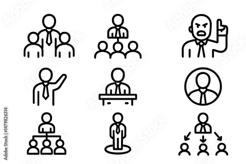 Set of web icons depicting various business and teamwork scenarios for digital applications and interfaces