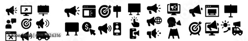 Collection of web icons featuring various multimedia and advertising symbols for digital marketing use
