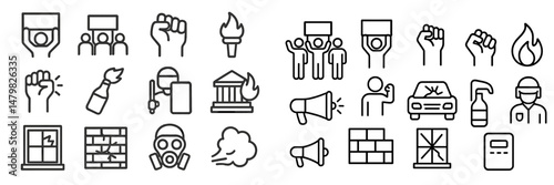 Collection of web icons representing activism, protest, and social movements with various symbols and figures