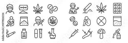 Collection of web icons depicting substance use and addiction themes for educational or informational purposes