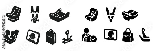 Collection of simple black icons representing various aspects of child safety and transportation