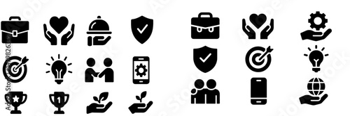 Collection of web icons featuring various symbols representing business, teamwork, achievement, and sustainability