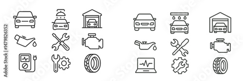 Set of web icons representing automotive services including maintenance, repair, and diagnostics for vehicles