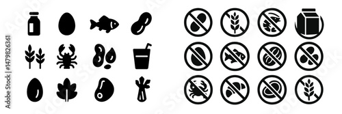 Collection of web icons representing food items and allergen warnings suitable for design projects