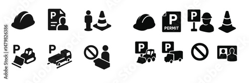 Set of web icons representing construction, parking permits, and safety information for urban planning projects