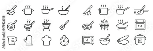 Collection of kitchen web icons showcasing various cooking tools and utensils used in culinary preparation and food preparation activities