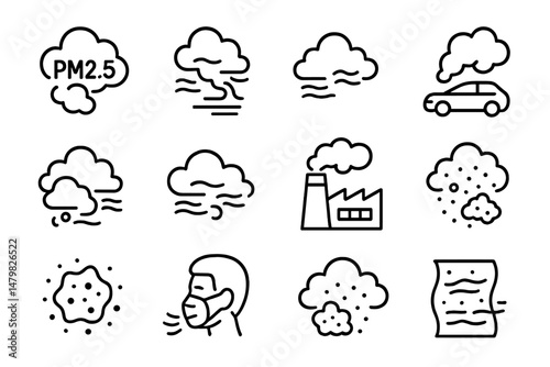 Set of web icons illustrating air quality and pollution concepts including PM2.5, vehicle emissions, and health impacts