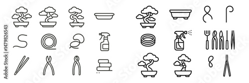 Line art web icons featuring gardening tools and bonsai designs suitable for nature-themed projects and applications