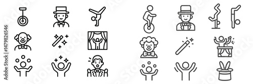 Set of circus-themed web icons featuring performers, props, and acts for creative projects and digital designs