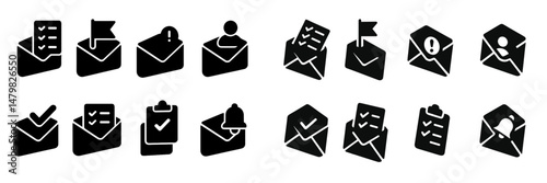 Collection of black web icons representing various messaging and notification activities for digital communication