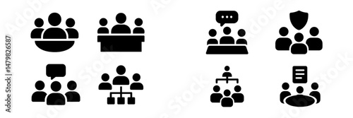Set of black web icons representing group discussions, meetings, and organizational structures for digital platforms
