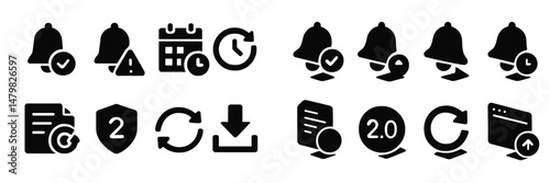 Collection of black web icons depicting notifications, scheduling, and security symbols for digital platforms