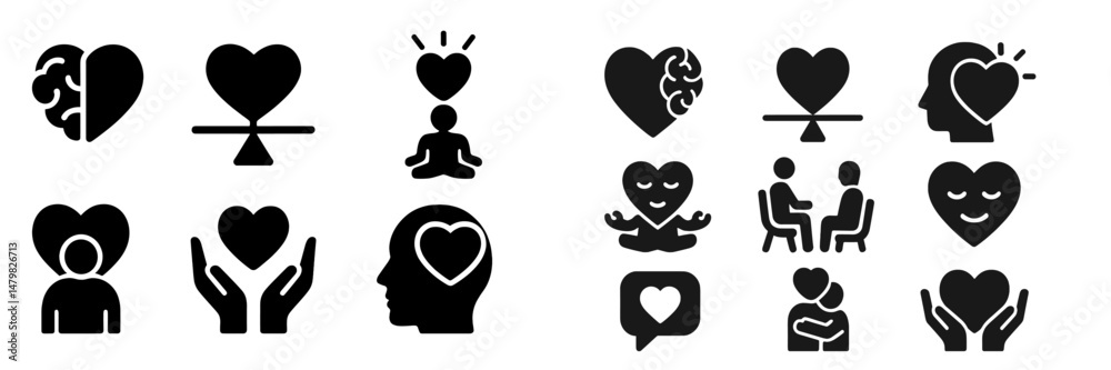 Collection of web icons representing themes of love, mental health, and emotional well-being in a modern design Collection of web icons representing themes of love, mental health, and emotional well-being in a modern design
