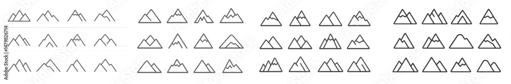 Collection of web icons featuring various mountain shapes designed for user interfaces and digital applications