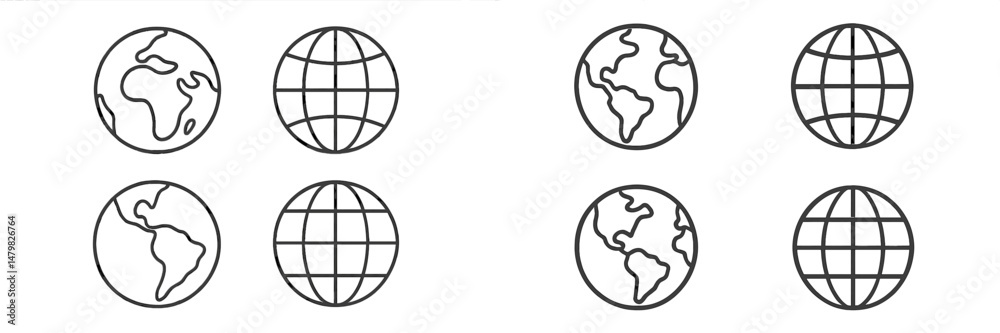 Set of six web icons representing globes with various designs for digital projects and interfaces Set of six web icons representing globes with various designs for digital projects and interfaces