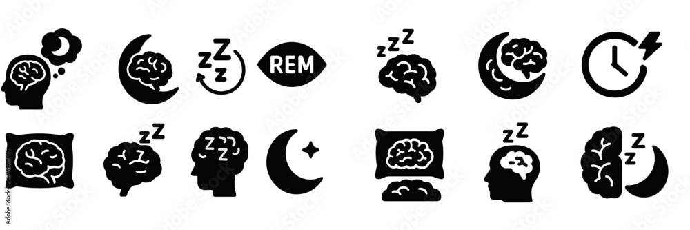 Fototapeta premium Set of web icons representing sleep, dreams, and brain activity with various designs in black and white