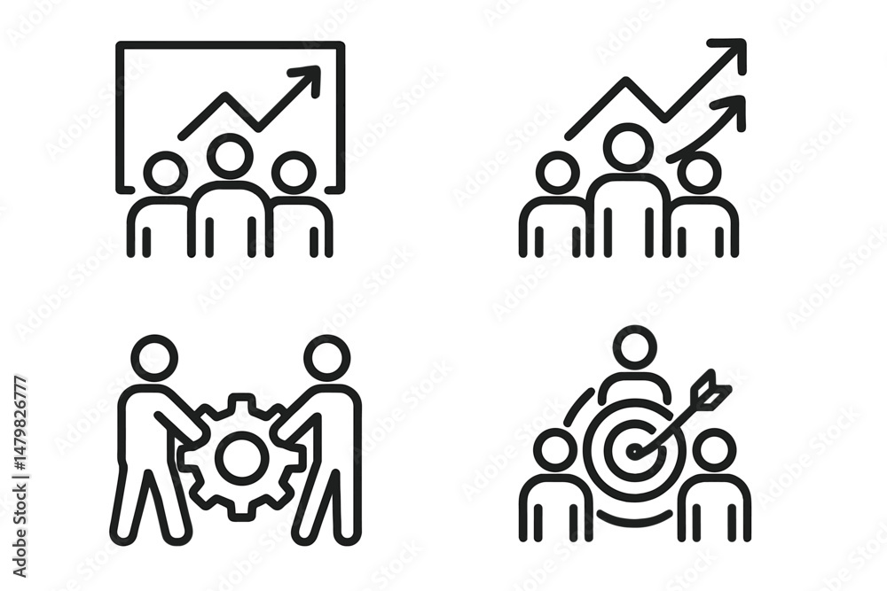 Set of web icons representing teamwork, growth, and collaboration in a digital environment Set of web icons representing teamwork, growth, and collaboration in a digital environment