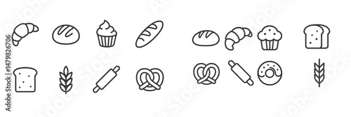 Set of web icons depicting various baked goods and bakery items in a simple line art style for use in digital design projects