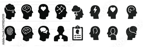 Collection of black web icons representing diverse concepts in mental health, emotions, and cognitive functions for digital design