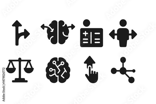 Set of web icons featuring symbols for navigation, analytics, healthcare, and decision-making processes