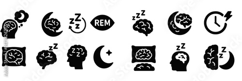 Set of web icons representing sleep, dreams, and brain activity with various designs in black and white