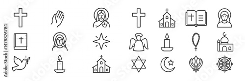 Collection of web icons representing various religious symbols and figures for use in digital design projects