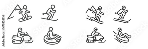 Collection of web icons depicting winter sports activities including skiing, snowboarding, and snowmobiling