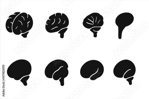 Set of minimalist black web icons depicting various brain designs for digital use