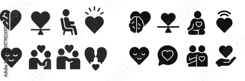 Diverse collection of web icons representing love, connection, and emotional well-being