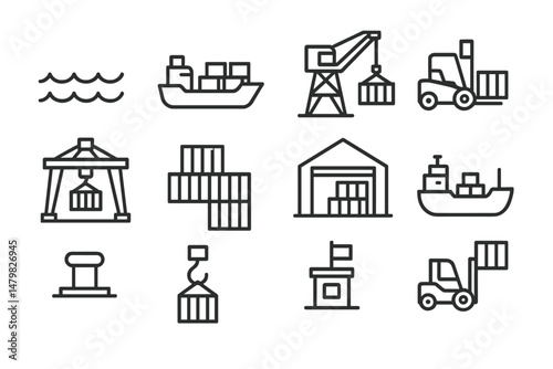 Web icons representing various aspects of shipping and logistics activities in a minimalist design style
