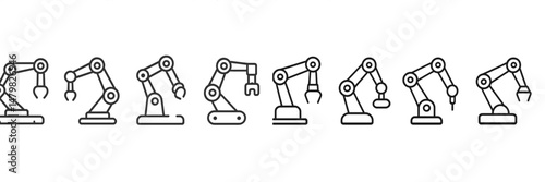 Set of industrial robotic arm web icons for technology and automation applications