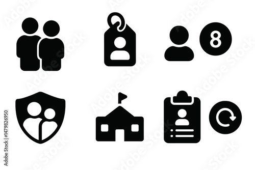 Collection of web icons representing social interactions, identification, education, and family protection