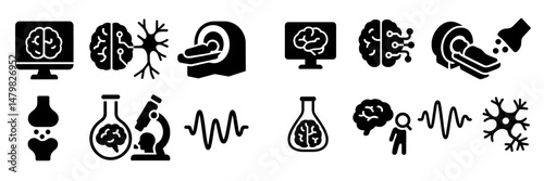 Set of web icons representing neuroscience concepts including brain activity, research tools, and neuron connections