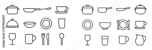 Collection of minimalistic web icons representing kitchen utensils and dining essentials for culinary design projects
