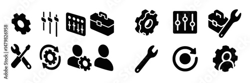 Collection of web icons featuring tools, settings, and user interactions for design and development purposes