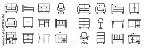 Collection of web icons depicting various furniture items and home office elements for design and digital projects