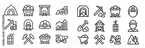 Set of web icons representing mining and excavation tools, equipment, and activities for digital applications