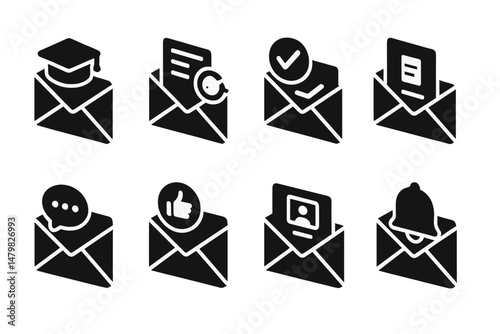 Collection of black web icons representing various communication and notification concepts related to emails and messages