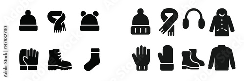 Set of web icons depicting winter clothing accessories for various weather conditions and outdoor activities
